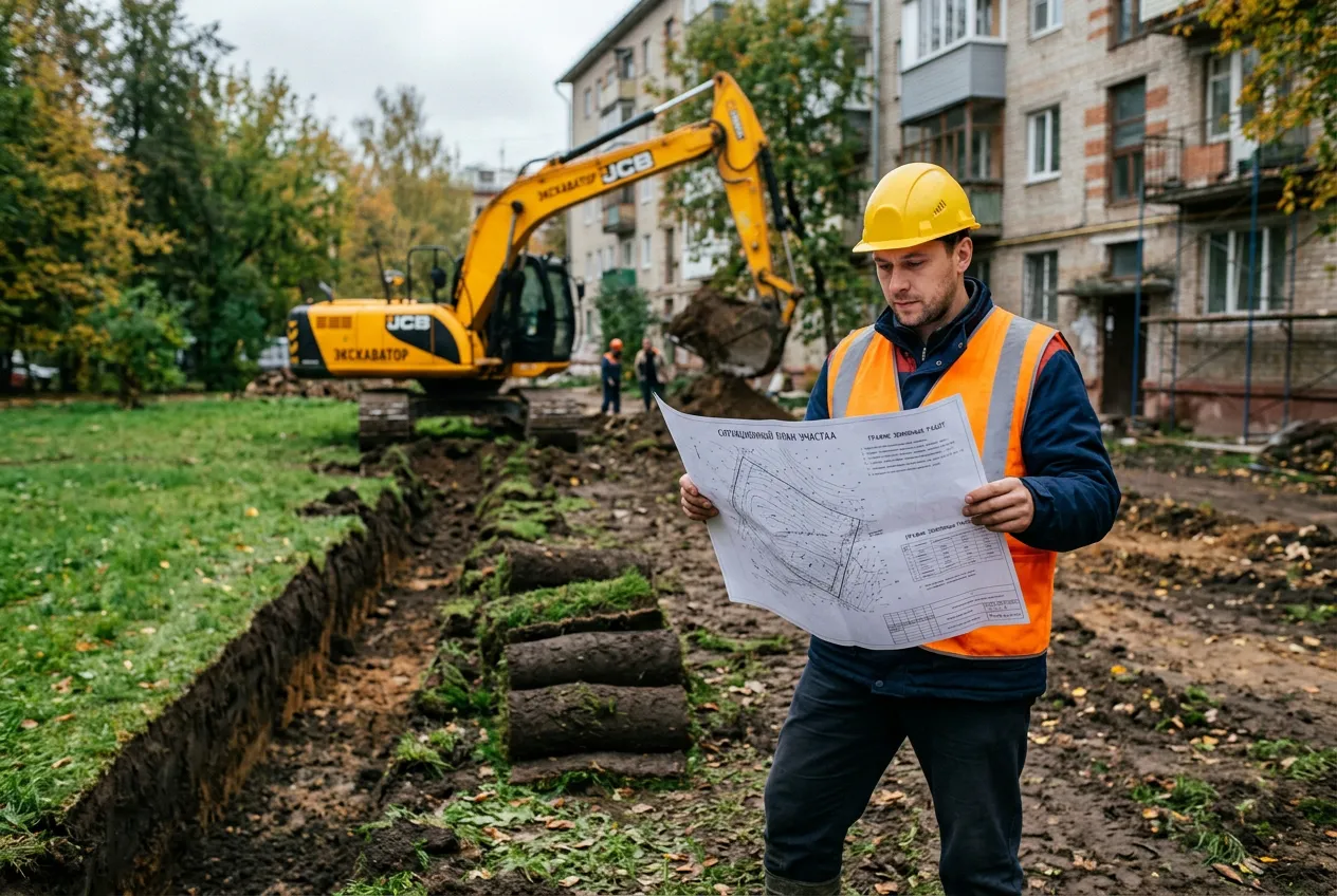 Инженер со строительным чертежом проверяет соблюдение границ земляных работ и сохранность зеленых насаждений во дворе жилого дома в Хабаровске